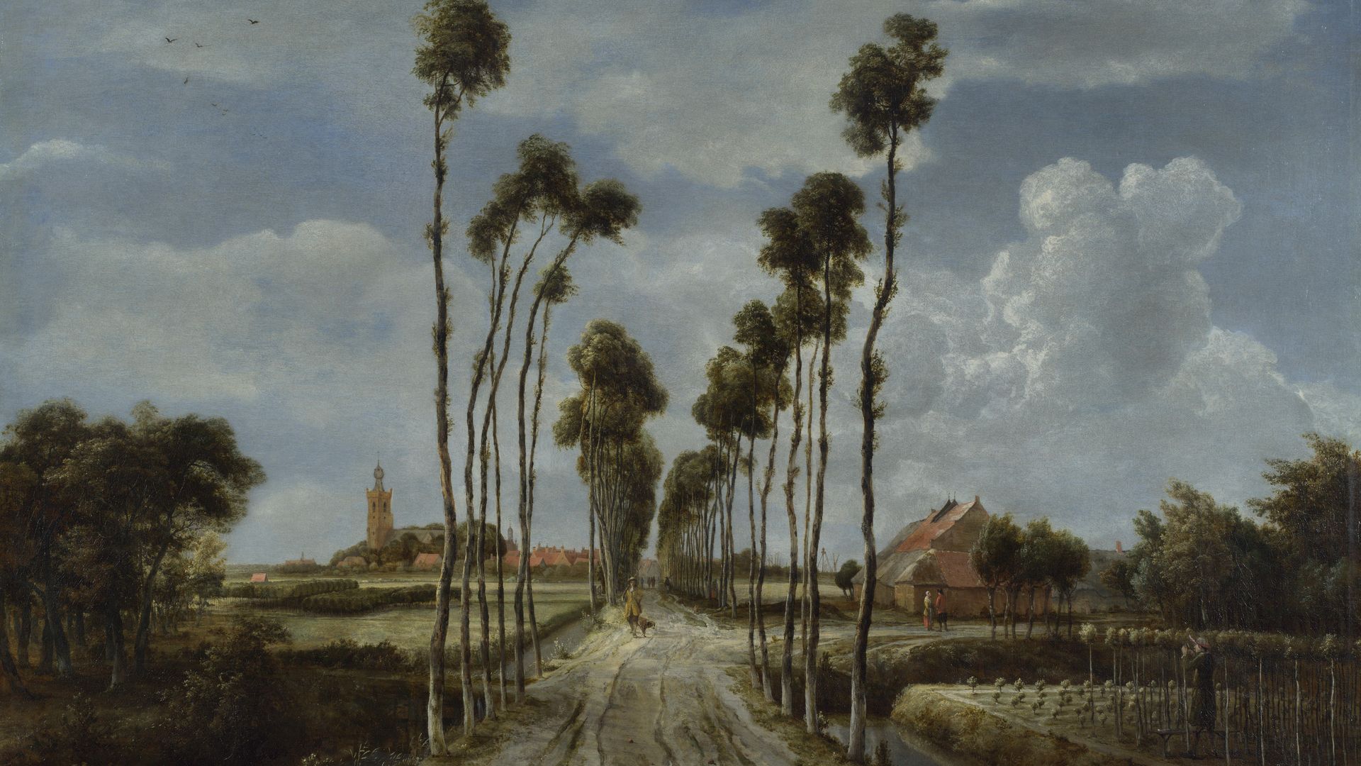 The Avenue at Middelharnis (1689) by Meindert Hobbema: Dutch Golden Age oil painting of a road toward the village of Middelharnis, South Holland; National Gallery, London.