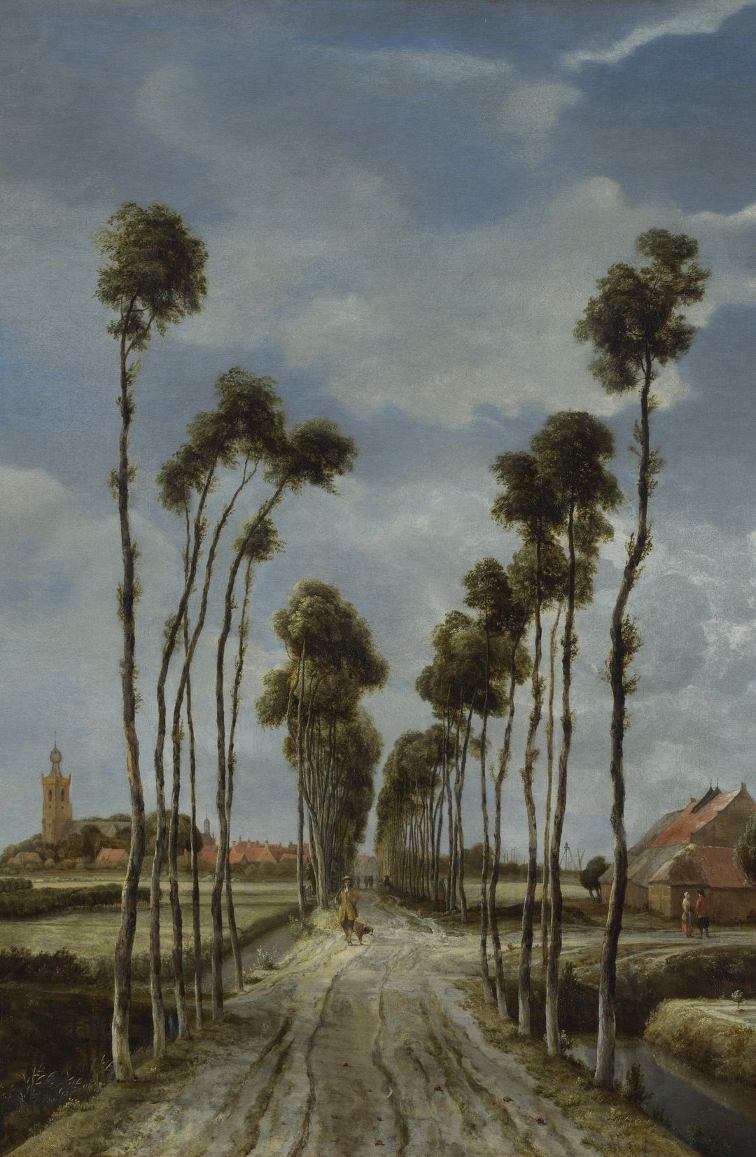 The Avenue at Middelharnis (1689) by Meindert Hobbema: Dutch Golden Age oil painting of a road toward the village of Middelharnis, South Holland; National Gallery, London.